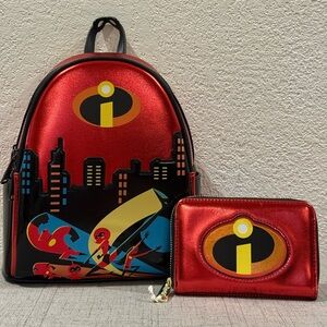 Loungefly Pixar The Incredibles Family Metallic Mini Backpack and Wallet NWT